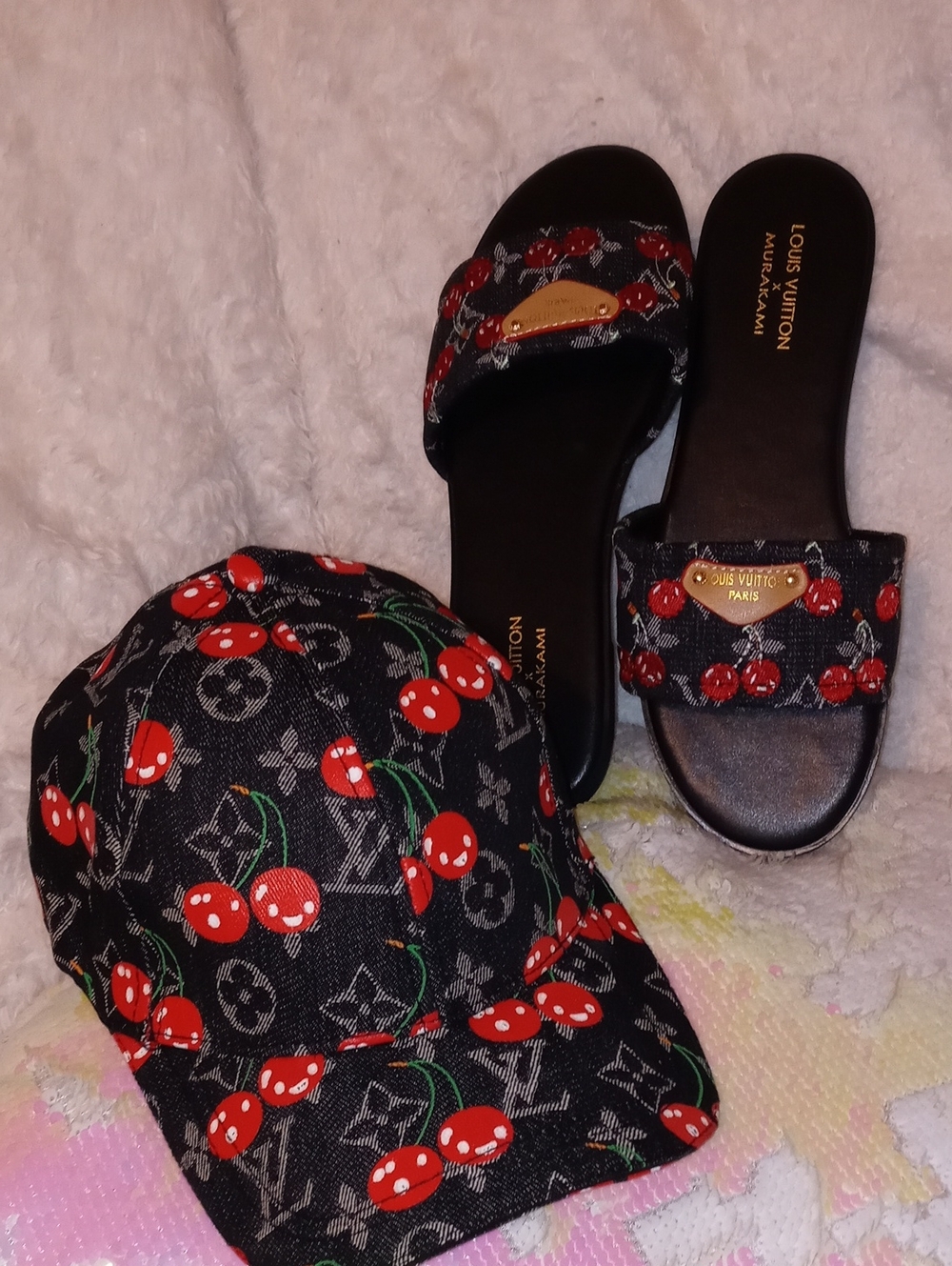 Louis Vuitton Black Cherry Print Slide Sandals with Matching Cap